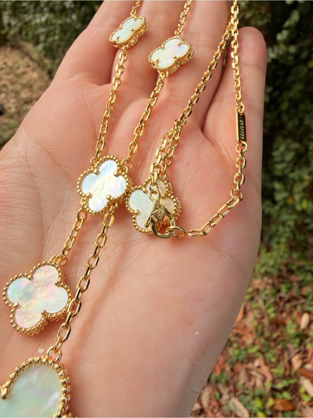 Alhambra inspired Luxury Gold Clover Mother-of-Pearl Station Necklace - White - Picture 7 of 10
